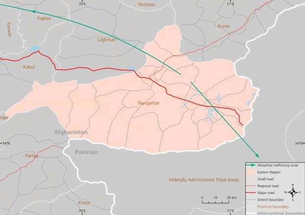 Morphine: Map 12: Interprovincial movement of morphine in eastern Afghanistan The situation is similar in the case of morphine trafficking in Nangarahr province, since no morphine is brought