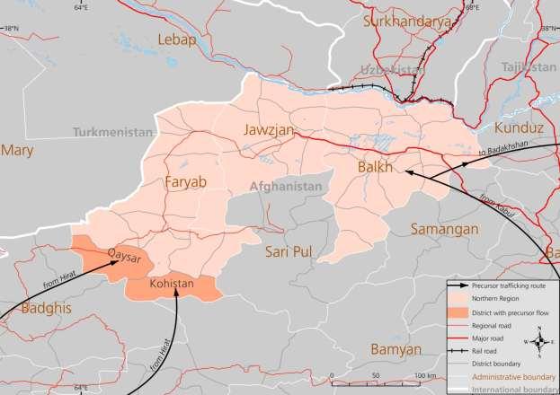 b. Northern Region: Map 17: Interprovincial movement of precursors in northern Afghanistan Most interviews conducted by MCN researchers provided no evidence that precursors were trafficked into