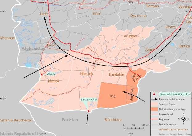 c. Southern Region: Map 18: Interprovincial movement of precursors in southern Afghanistan Given its flourishing drug trade, it is unsurprising that southern Afghanistan sees a significant amount of