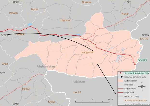 d. Eastern Region: Map 19: Interprovincial movement of precursors in eastern Afghanistan Nangarhar is home to one of the largest precursor markets (both trading and consumer) in Afghanistan.