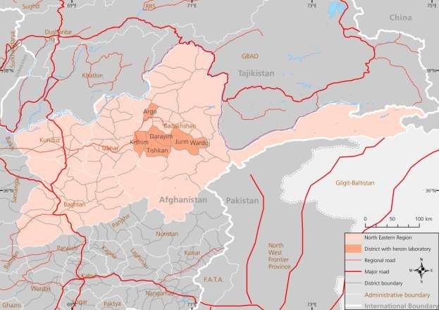 a. North-eastern Region: Map 21: Heroin-processing laboratories in north-eastern Afghanistan In Badakhshan, heroin-processing laboratories operate in a number of districts, including Darayim, Argo,