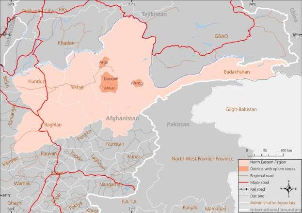 a. North-eastern Region: Map 25: Opium stocks in north-eastern Afghanistan Opium stocks are held in several districts in Badakhshan Province, including Argo, Darayim, Tishkan and Wardoj.