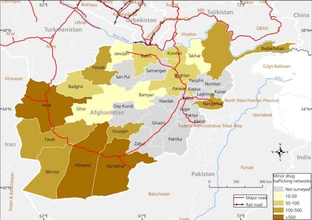 Map 32: Estimated minor drug trafficking networks in Afghanistan The results of the research study do not indicate a direct link between any