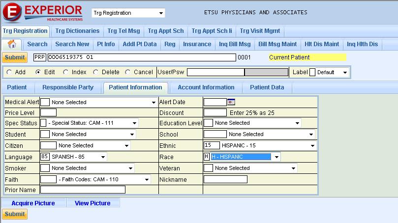 Recording Language, Race, and Ethnicity in Experior With the patient selected in Experior, navigate to the Patient Information screen.