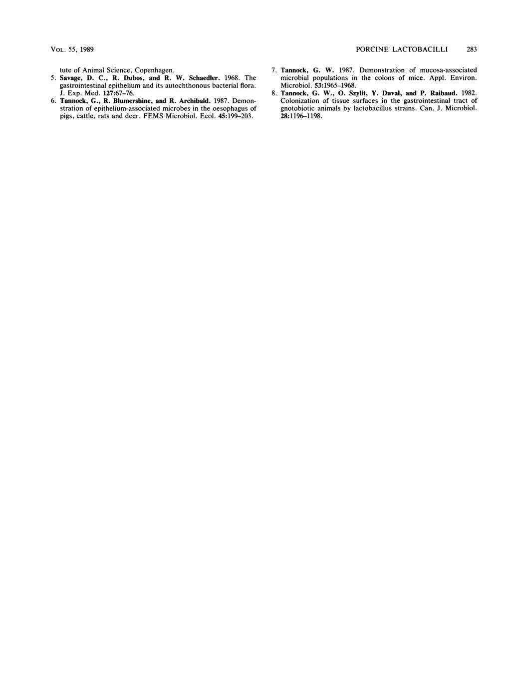 VOL. 55, 1989 PORCINE LACTOBACILLI 283 tute of Animal Science, Copenhagen. 5. Savage, D. C., R. Dubos, and R. W. Schaedler. 1968. The gastrointestinal epithelium and its autochthonous bacterial flora.