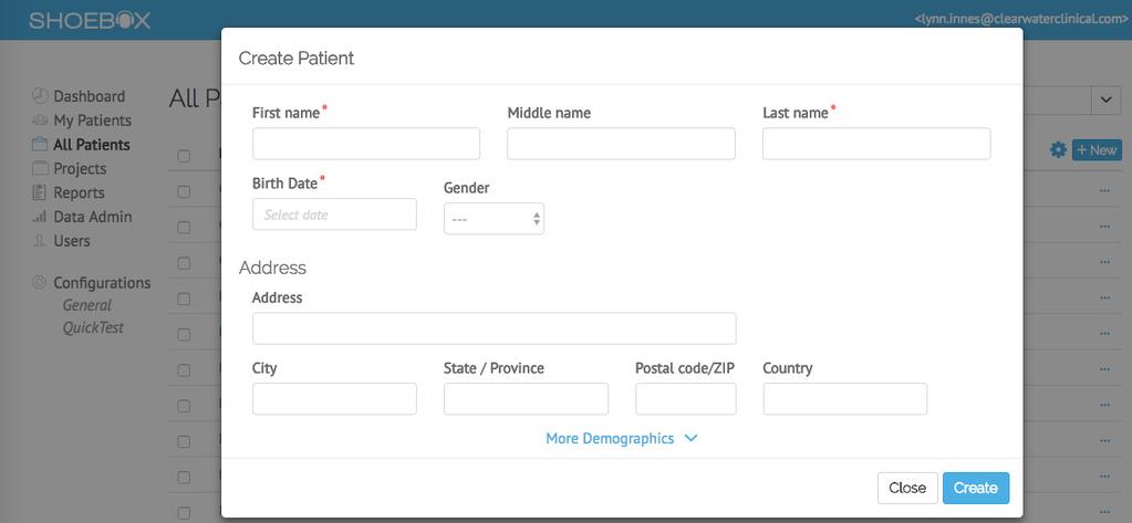 Managing Patients In addition to the standard data management functionality available to all users (see Individual Users section), administrative users are able to add/ delete patients and change