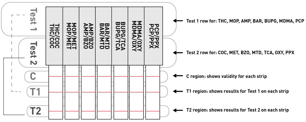 INTERPRETATION OF RESULTS Each strip contains two drug tests. The C region shows validity of a test result. The T1 region shows the result for Test 1. The T2 region shows the result for Test 2.