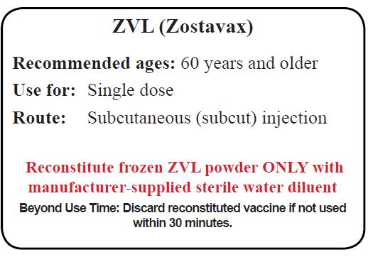 Storage and Handling: Zostavax Store lyophilized component in a freezer between -58 F and +5 F (-50 C and -15 C) * In the original packaging with the lids closed Protect vaccine from light In a