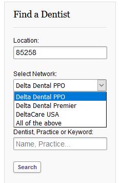 Enter your zip code Select the plan network to search if you choose the Basic or Buy Up Plans, you can use PPO or Premier dentists. DeltaCare is the DHMO network.