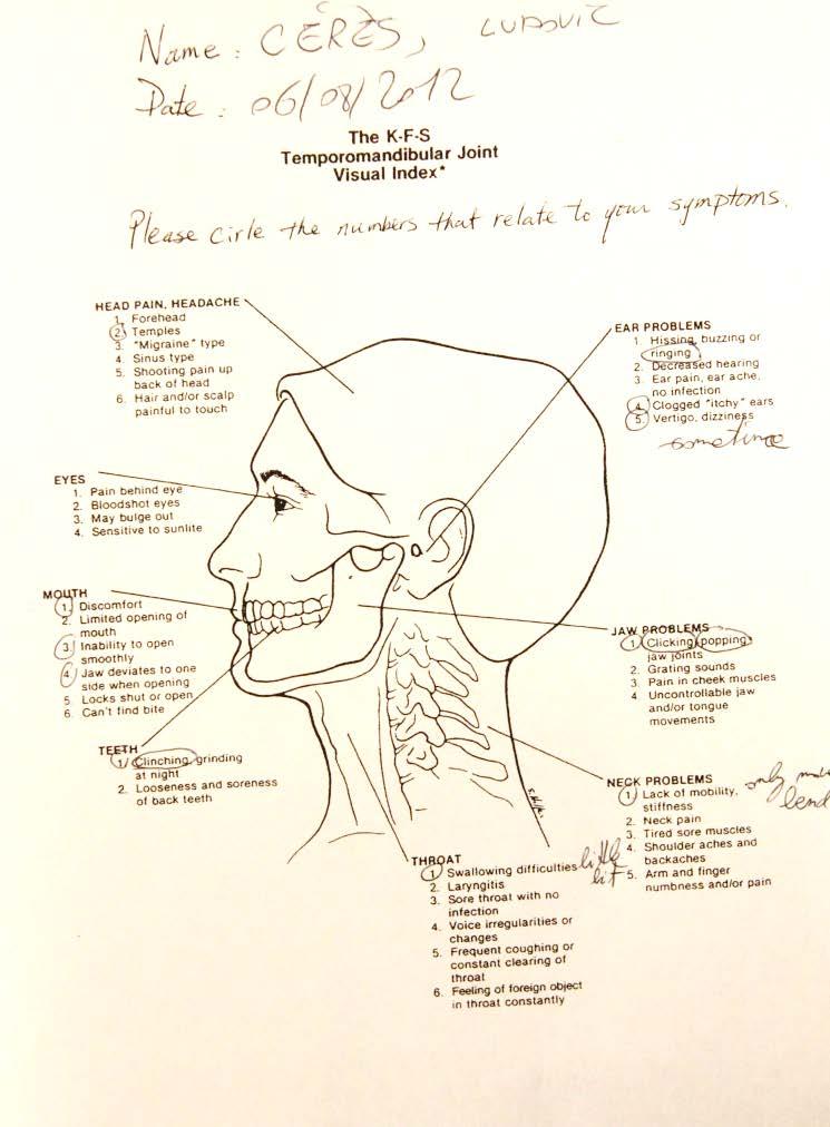 PATIENT HISTORY (Clinical Examination) List the TMJ Problems (Chief Concerns) Craniomandibular Visual Index