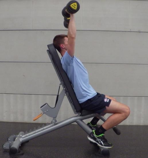 Page 15 of 21 SHOULDER PRESS - Seated position with the feet on the floor. Maintain an upright posture with the chest up throughout the movement. Grip the DB s with an overhand (pronated) grip.