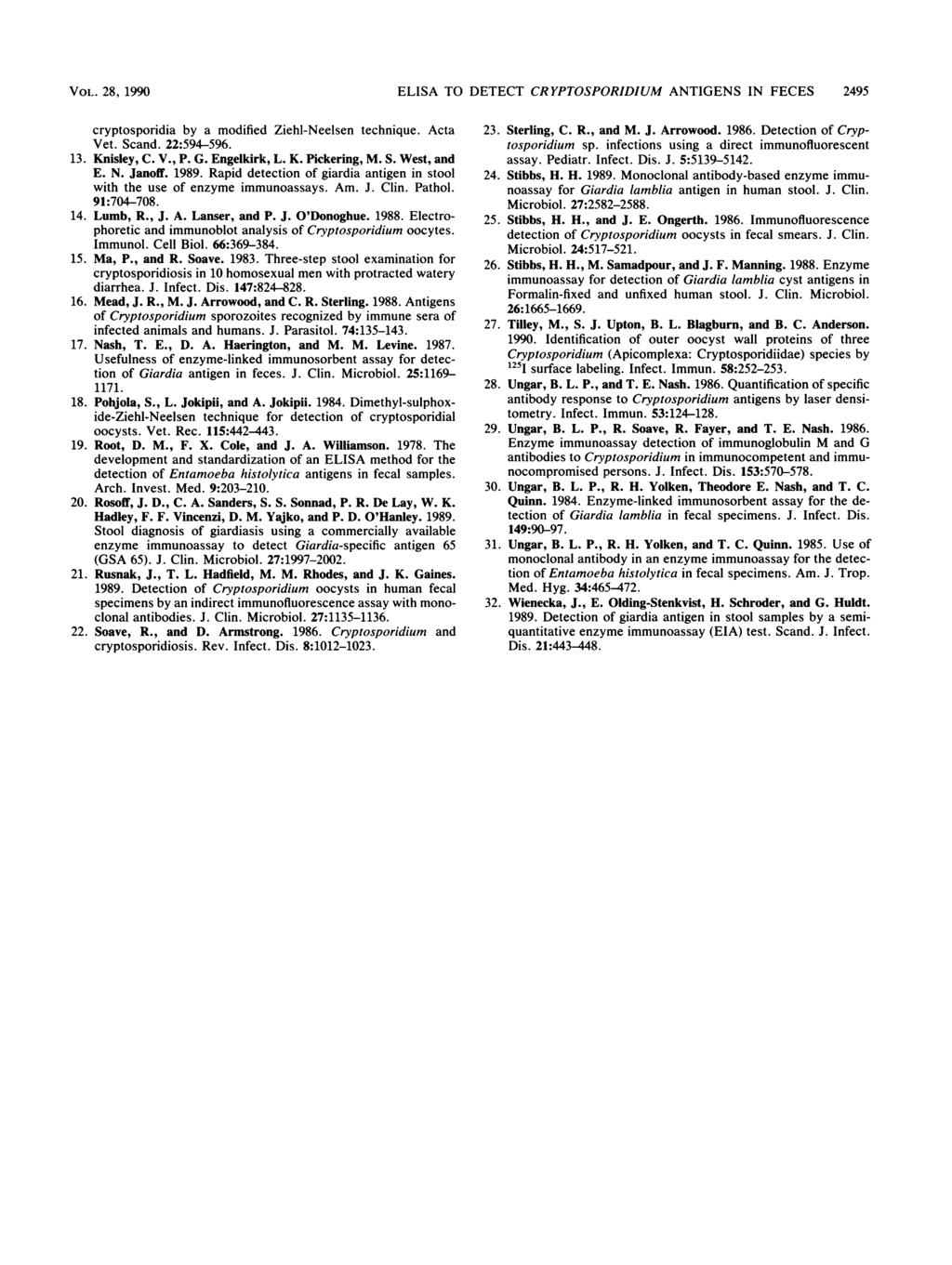 VOL. 28, 1990 ELISA TO DETECT CRYPTOSPORIDIUM ANTIGENS IN FECES 2495 cryptosporidia by a modified Ziehl-Neelsen technique. Acta Vet. Scand. 22:594-596. 13. Knisley, C. V., P. G. Engelkirk, L. K. Pickering, M.