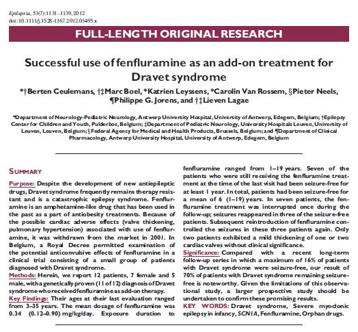 Low Dose Fenfluramine: Long Term Efficacy and Safety in Treating Dravet Syndrome Original Cohort First Report Epilepsia (2012) Long-term open-label study of FFA adjunctive anticonvulsant therapy 12