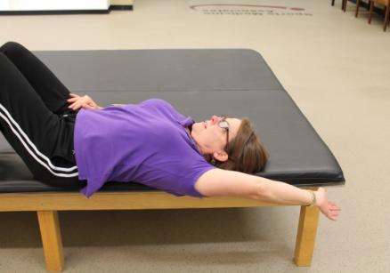 Anterior Shoulder Stretch: At 90degrees: Lie down with the shoulder over the edge, elbow bent at 90degrees and palm up.