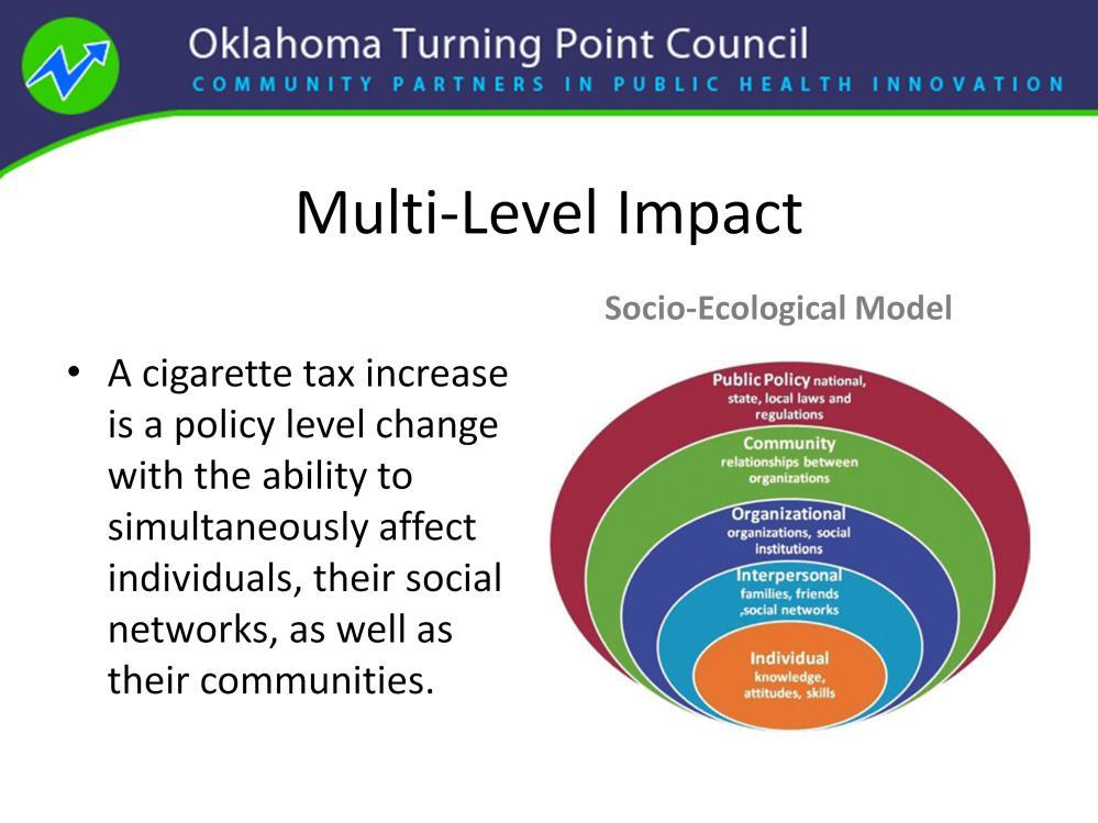 The most effective approach leading to smoking cessation is a combination of efforts aimed at all levels of a socio-ecological model, which explains how behavior is interrelated with a person s