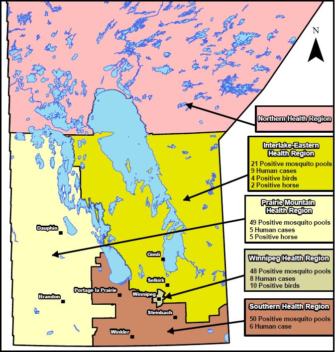 Figure 1 WNV activity by Health Region within Manitoba (current to Week 37).