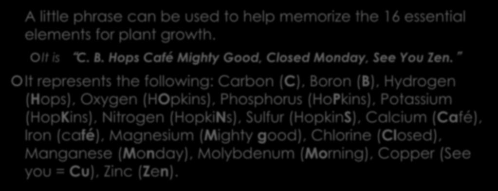 What is Plant Nutrition? A little phrase can be used to help memorize the 16 essential elements for plant growth. It is C. B. Hops Café Mighty Good, Closed Monday, See You Zen.