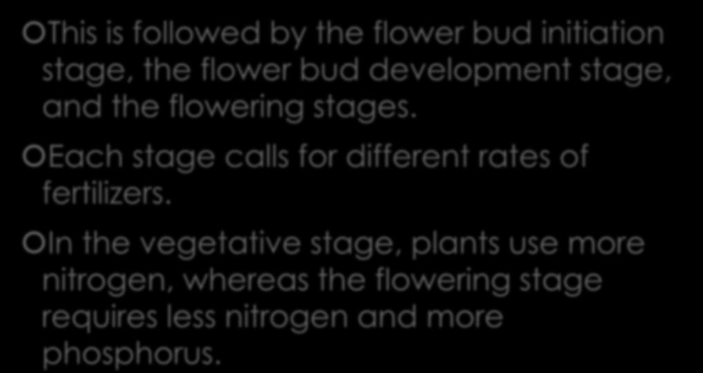 Fertilizers This is followed by the flower bud initiation stage, the