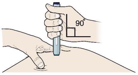 G) Keep holding the stretch or pinch. With the white cap off, place the pen on the skin at an angle of 90 degrees. Do not touch the purple start button yet.