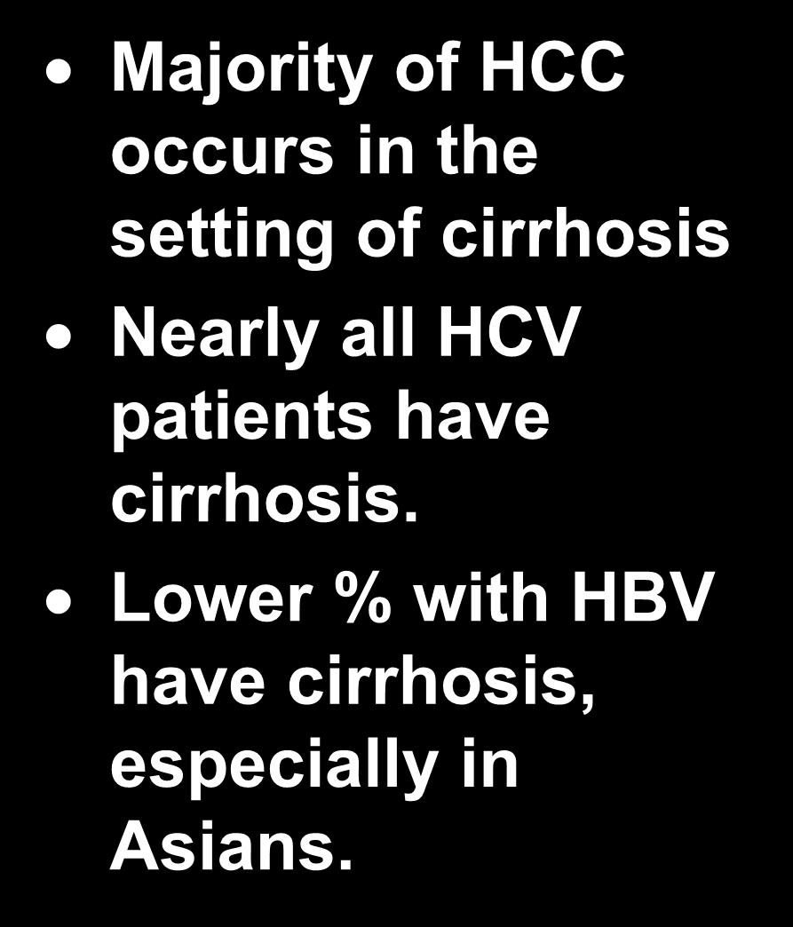 Lower % with HBV have cirrhosis,