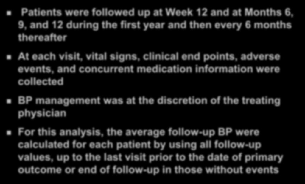 Methods: Follow-up Patients were followed up at Week 12 and at Months 6, 9, and 12 during the first year and then every 6 months thereafter At each visit, vital signs, clinical end points, adverse