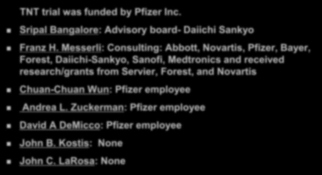 Disclosure Information TNT trial was funded by Pfizer Inc. Sripal Bangalore: Advisory board- Daiichi Sankyo Franz H.