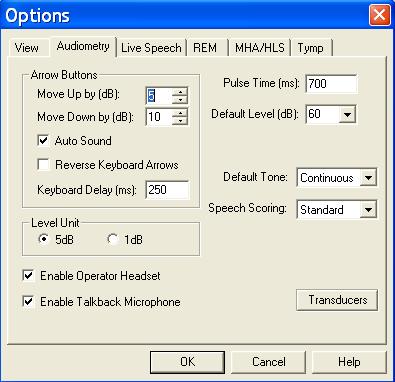 Customizing Audiometry There are several ways to customize the Audiometry setup to suit your preferences. All customizing features are accessed from Options on the toolbar.
