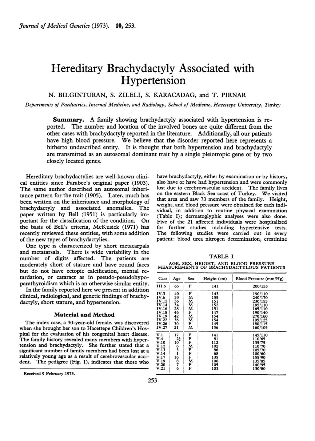 Journal of Medical Genetics (1973). 10, 253. Hereditary Brachydactyly Associated with Hypertension N. BILGINTURAN, S. ZILELI, S. KARACADAG, and T.