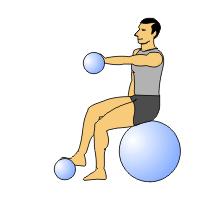 Leg extension and shoulder combo 1. Sit on a stability ball and secure a kettlebell with your right foot and hold a kettlebell with your left hand out in front of your chest. 2.