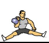 Grasp kettleball and hold it over your head. Start position: Stand with feet slightly wider than hip width apart. Knees should be slightly bent. Lower body by flexing at the hips and knees.