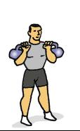Two Arm Military Press Stand upright holding two kettleballs. Start position: Position kettleballs to ear level with an overhand grip (palms facing forward).