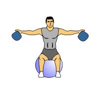 Seated Lateral raises with kettleballs 1. Sit on a stability ball holding a kettleball in each hand. 2. Raise the kettleballs out to the side and over your head. 3.