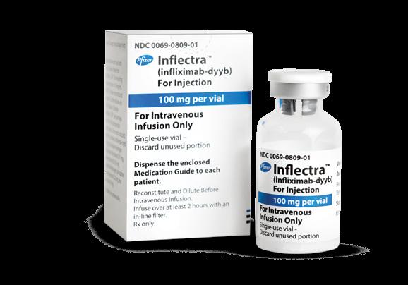 A-APPROVED INFLECTRA (infliximab-dyyb) for injection Product information INFLECTRA NDC 0069-0809-01 Unit quantity One 20-mL vial containing 100 mg of lyophilized infliximab-dyyb Unit list price $946.