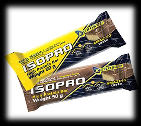 ISO PRO (50 g/bar) ISO PRO contains 45% protein - 22,5 g protein per stick, 4 g sugars and 3,3 g of fats.