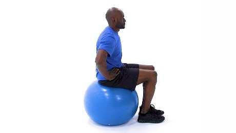 Swiss Ball March Begin sitting upright on a swiss ball. Keeping your trunk steady, raise one knee up towards your chest, then lower it back to the starting position and repeat.