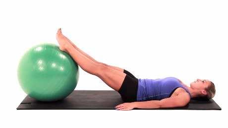 Bridge with Heels on Swiss Ball Begin lying on your back with your legs straight, heels on a swiss ball and your arms resting on the ground.