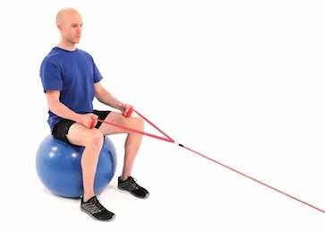 Seated Bilateral Elbow Flexion with Resistance on Swiss Ball Begin sitting on a swiss ball holding the ends of a resistance band in each hand, facing the anchor point.