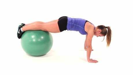 Push Up with Shins on Swiss Ball Begin in a push-up position with your legs
