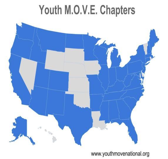 Youth MOVE Chapter Network 37 States, Tribes & DC Over 10,000 Youth Advocates Multi-System Youth Voice National, State & Local Networks Youth Driven Organization Purpose Areas Recreation and