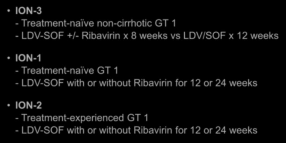 Ledipasvir-Sofosbuvir (Harvoni) Summary of Key Phase 3 Studies ION-3 - Treatment-naïve non-cirrhotic GT 1 - LDV-SOF +/- Ribavirin x 8 weeks vs LDV/SOF x 12 weeks ION-1