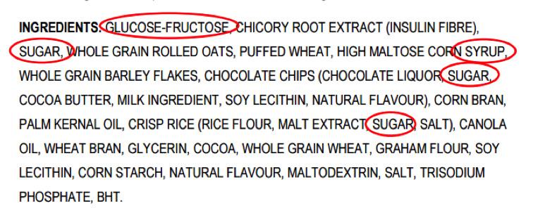 The example below is an ingredient list for a food that has a lot of sugar: 2. Nutrition Facts Table (Adapted from www.eatrightontario.