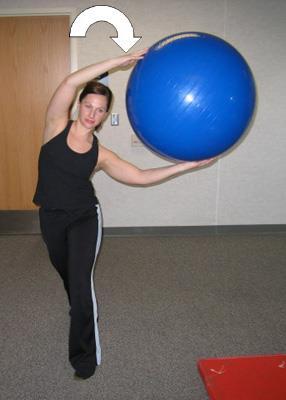 Begin with ball in outstretched arms overhead, side-bend with ball over stepping leg to