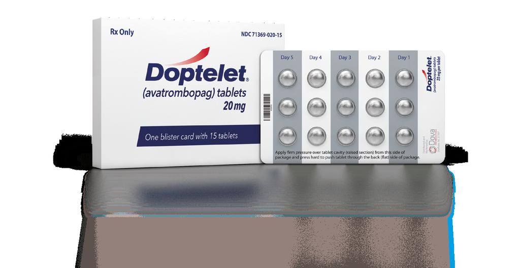 Q: What does DOPTELET (avatrombopag) look like? A: DOPTELET will come in a box with the tablets in a blister pack (shown below).