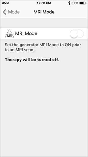 Figure 7. MRI Mode screen 4. Tap the MRI Mode switch. 5. When the "Set Generator to MRI Mode" message appears, tap Continue.