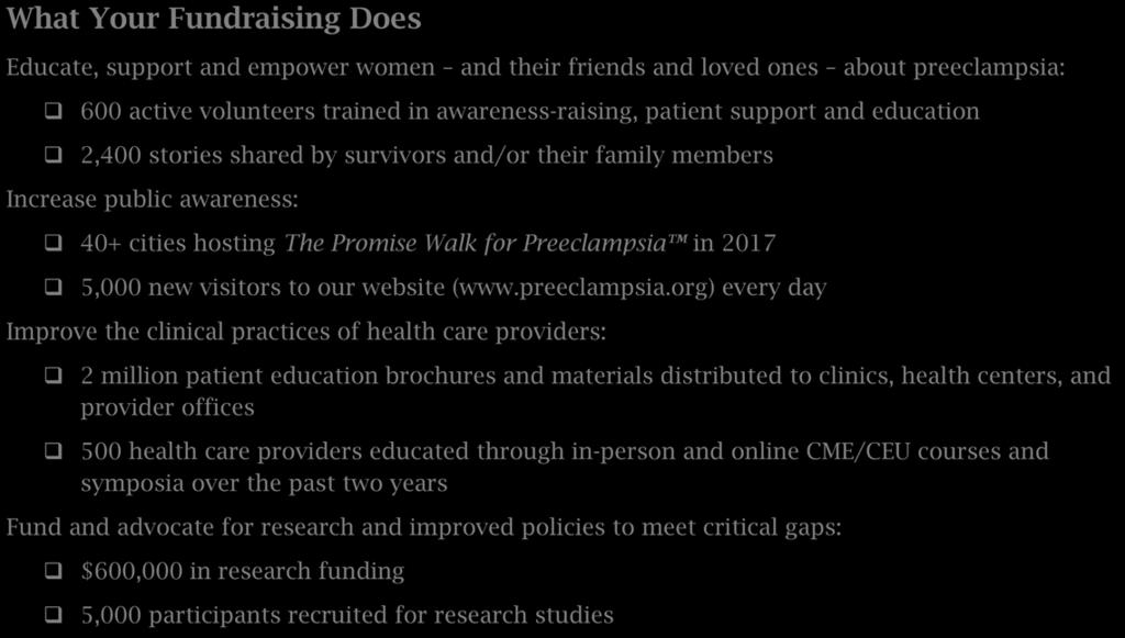 Preeclampsia Foundation Overview Our Mission The Preeclampsia Foundation is the only non-profit in the United States devoted to hypertensive disorders of pregnancy, serving the 300,000 women who