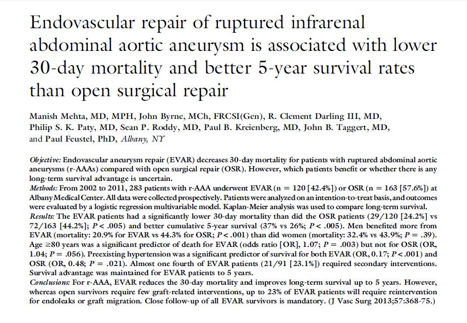 2002-2011, 283 patients with ruptured AAA - 163 open repair - 120 EVAR 30 day mortality lower with EVAR 24% compared to open 42%