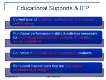 Ideas for sharing with participants: These present levels of academic achievement and functional performance describe how the student is doing in different areas and how the student uses what he/she