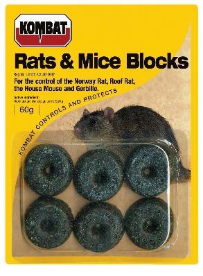 KOMBAT RATS & MICE BLOCKS Registration No. L6425, ACT 36 OF 1947 is an anticoagulant bait (substance that thins the blood, thus not allowing it to clot) rodenticide which controls rodents.