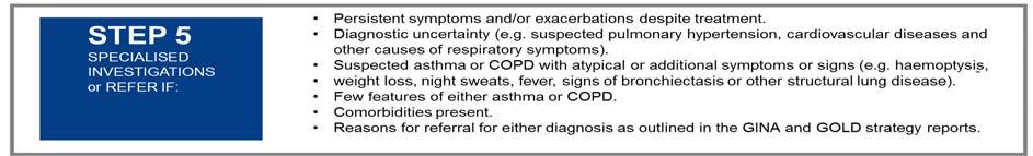 Investigation Asthma COPD DLCO Normal or slightly elevated Often reduced Arterial blood gases Normal between exacerbations In severe COPD, may be abnormal between exacerbations Airway