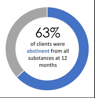 Substance Use at 12 Months At the 12 month follow up, 48% (n=39) of clients reported that they had not abused any substances since leaving treatment, meaning that they had no slips or relapses since